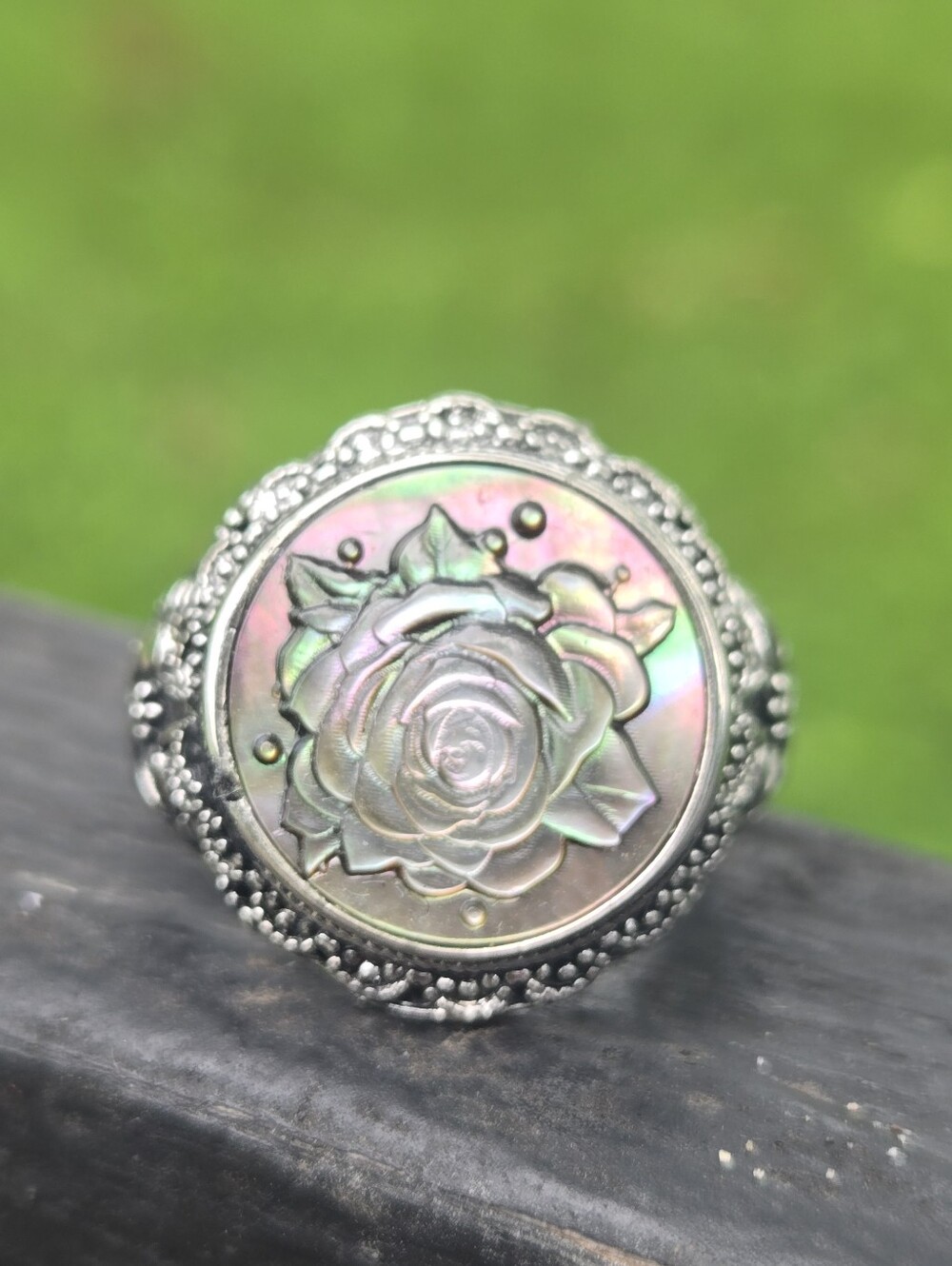 Vintage Abalone Shell Rose Ring - Silver Floral Boho Statement Band